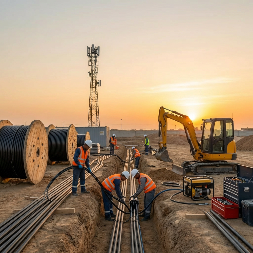 Orange banner reading PLANNING AND STRATEGY CONSTRUCTION at a construction site.